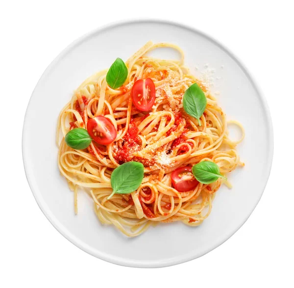 Italienische Pasta Mit Tomaten Käse Parmesan Und Basilikum Isoliert Auf — Stockfoto