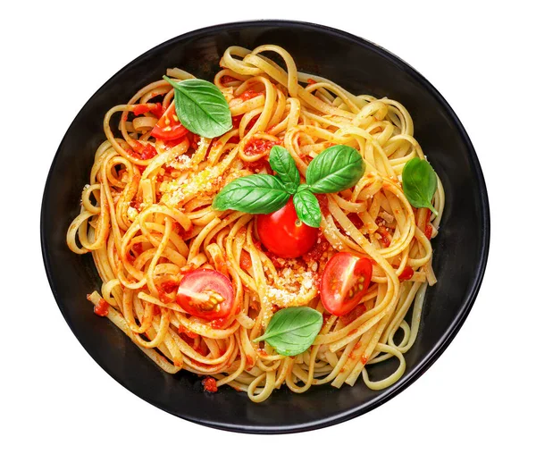 Italian Pasta Tomatoes Cheese Parmezan Basil Isolated White Background Top — стокове фото