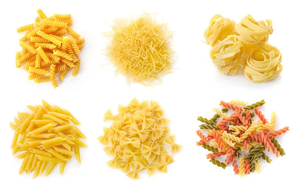 Set Raw Pasta Isolated White Background Top View — стоковое фото