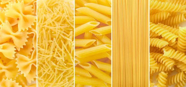 Collage Different Assortment Dry Italian Pasta — стоковое фото