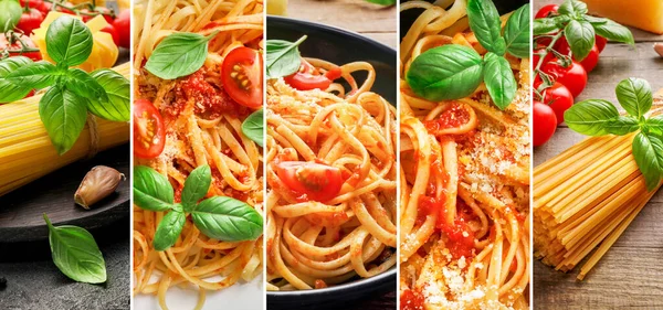 Set Varie Gustose Paste Italiane Con Pomodoro Basilico — Foto Stock