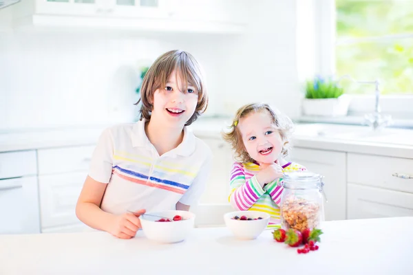 Menino e irmã tendo frutas e cereais com morango para o café da manhã — Fotografia de Stock