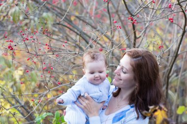 Anne bebeğini ashberry bush altında sarılma