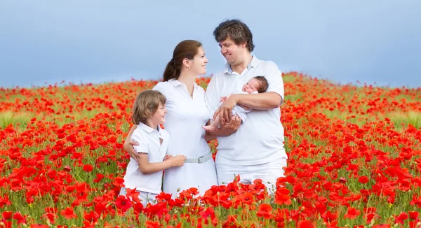 Gezin met twee kinderen in een rode bloem veld — Stockfoto