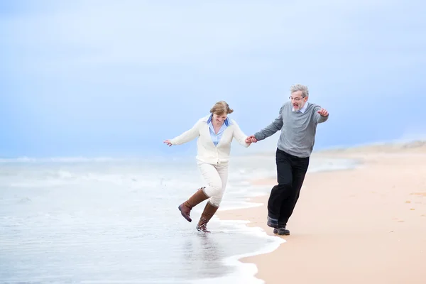 Пара бегущих на зимнем пляже с чайками — стоковое фото