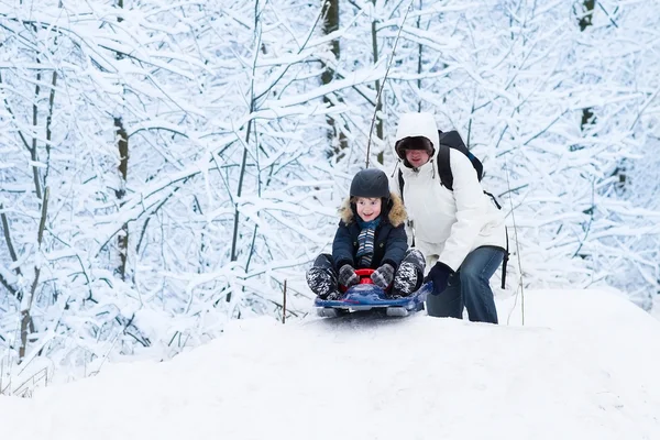 Father and  son sledding together — Stock Photo, Image