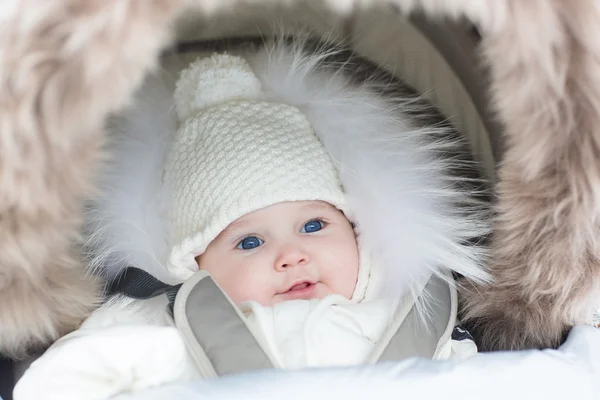 Baby sitting in a winter fur stroller — Stock Photo, Image