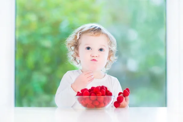 Menina bonito comendo framboesas — Fotografia de Stock