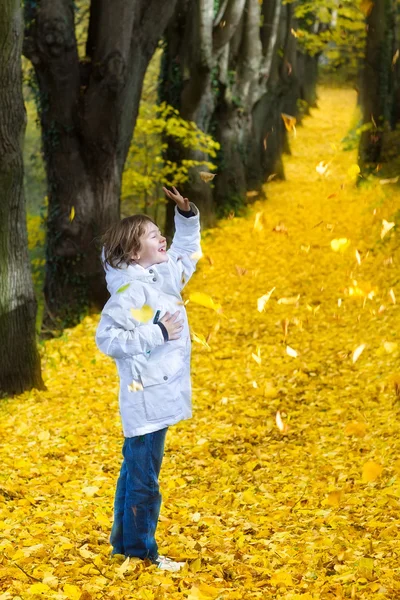 Menino feliz brincando em um parque de outono — Fotografia de Stock