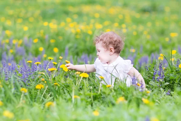 美しい少女の花と遊ぶ — ストック写真