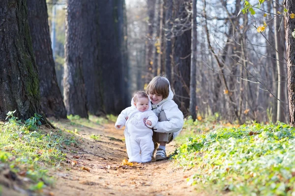 Мальчик играет со своей младшей сестрой в парке — стоковое фото
