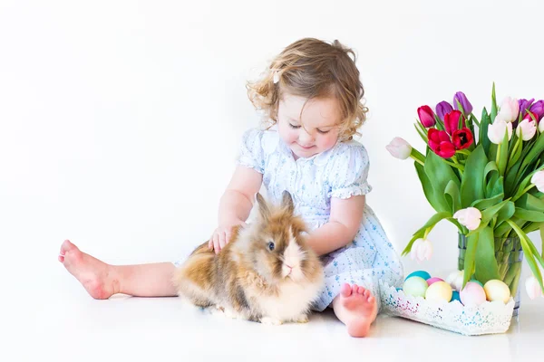 Toddler girl playing with a bunny — Stock Photo, Image