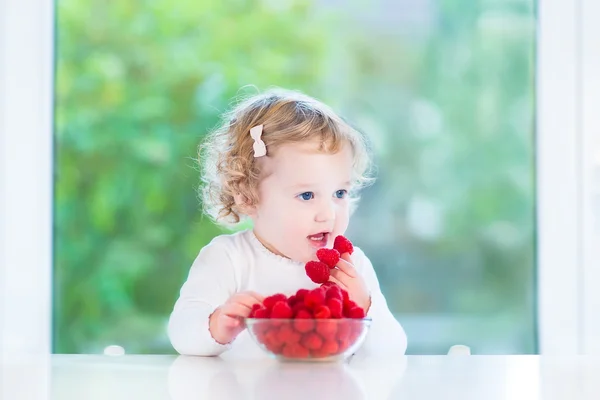 Cute toddler girl eating raspberries — Stock Photo, Image