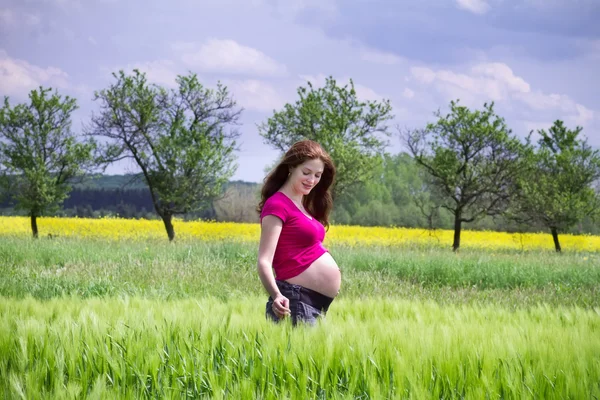 Pregnant woman walking in a summer field — Stock Photo, Image