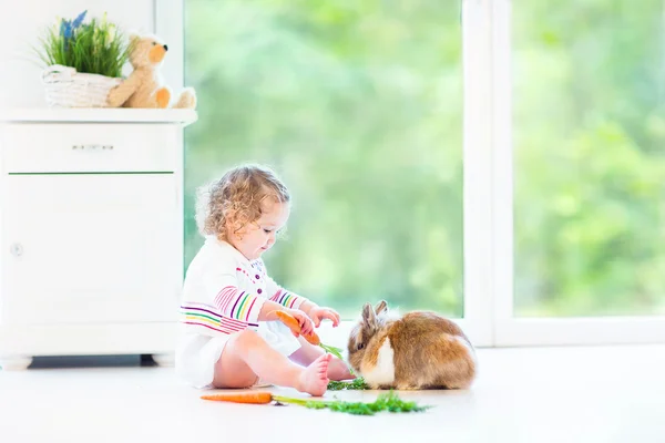 Adorável menina criança brincando com um coelho real — Fotografia de Stock