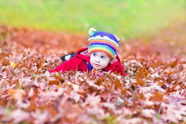 Sonbahar yaprakları ile oynarken küçük bebeği — Stok fotoğraf