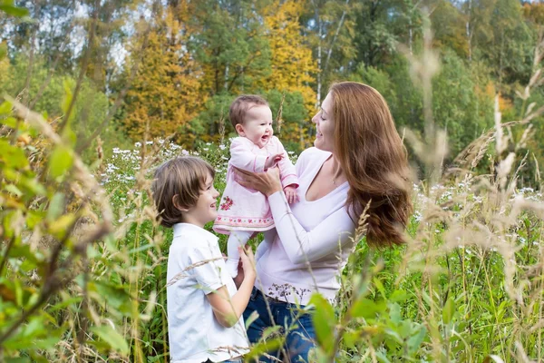 Kvinna leker med hennes son och dotter i ett fält — Stockfoto