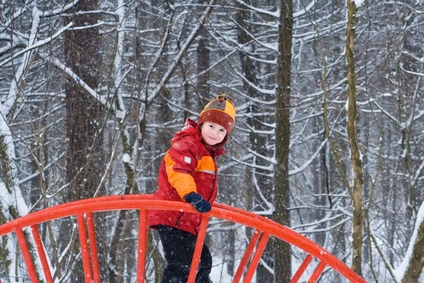 Karlı bir günde bir oyun üzerinde çocuk — Stok fotoğraf