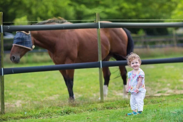 Baby flicka som leker med en häst på en gård — Stockfoto