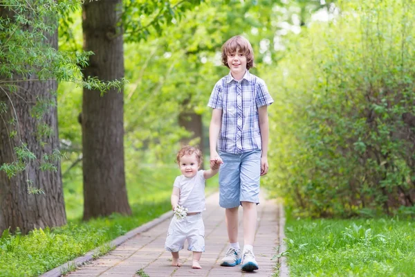 Ragazzo che cammina con la sorellina in un parco — Foto Stock