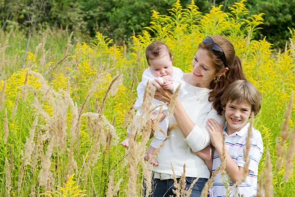 Mamma med två barn i ett fält — Stockfoto