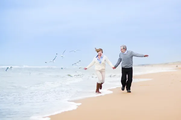 Coppia che corre su una spiaggia invernale con gabbiani — Foto Stock