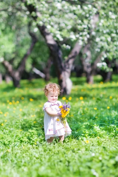 Little baby walking in a blooming garden — Stock Photo, Image