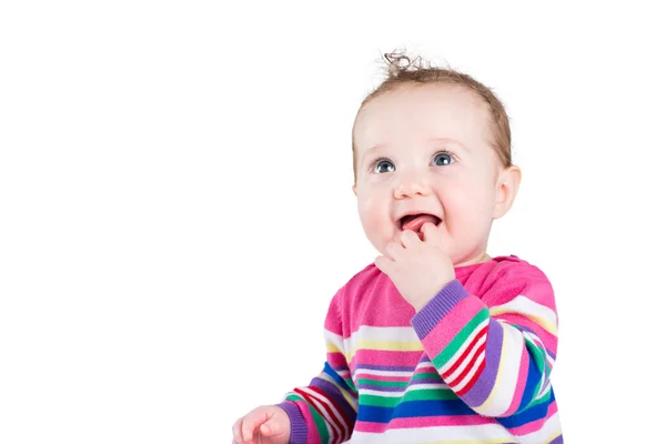 Baby girl in a pink striped dress — Stock Photo, Image