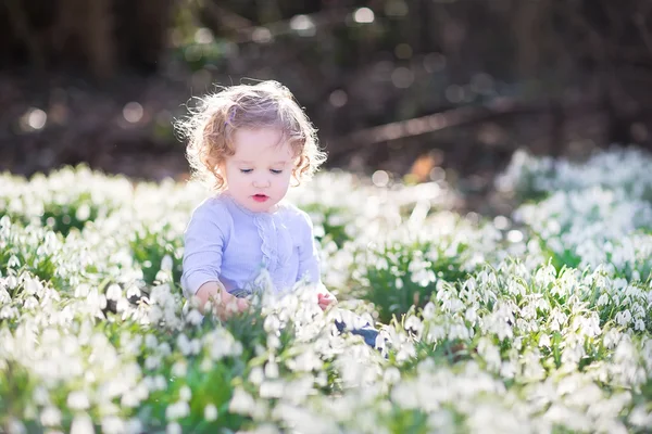 Chica jugando con las primeras flores de primavera —  Fotos de Stock