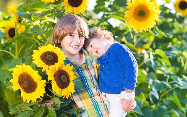 Boy holding his baby sister playing in a sunflower field — Stock Photo, Image