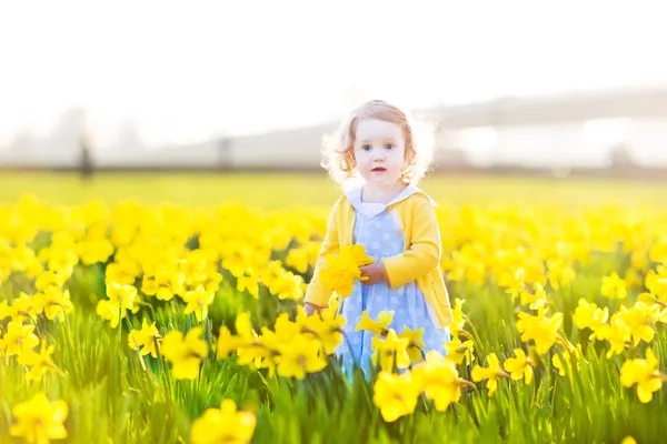 Fille jouer dans un champ de fleurs jaunes jonquille — Photo