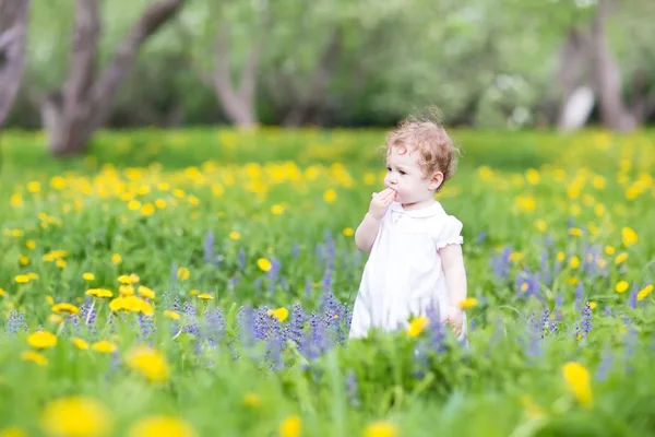 Hermosa niña jugando con flores — Foto de Stock