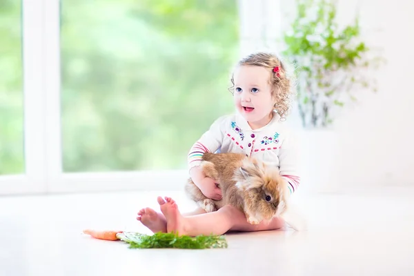 Adorable toddler girl playing with a real bunny