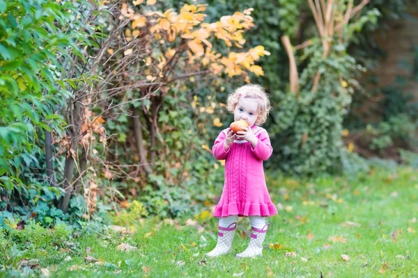 Κορίτσι μικρό παιδί που τρώει ένα μήλο σε έναν κήπο — Φωτογραφία Αρχείου