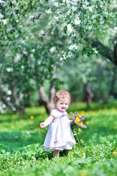 Petite fille dans un jardin de pommiers — Photo