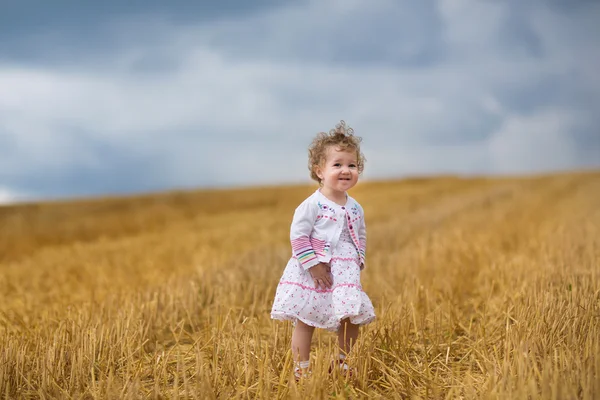 Baby flicka vandrar i ett vete fält — Stockfoto
