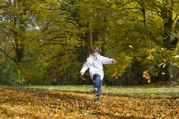 Boy jumping and playing with autumn leaves — Stock Photo, Image