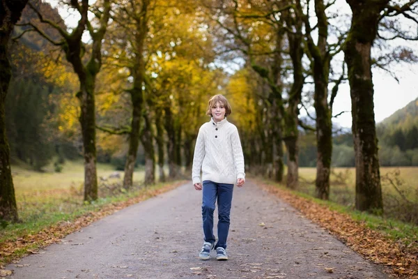 Boy walking down a beautiful road — Stock Photo, Image