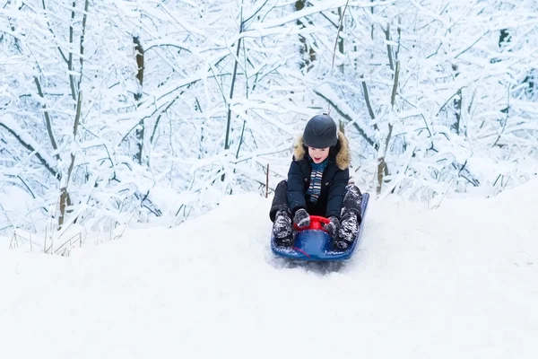 Bambino che si gode una gita in slitta in un parco invernale innevato — Foto Stock