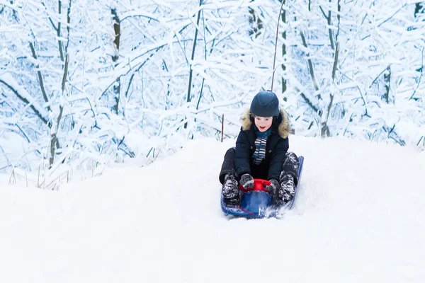 Boy enjoying a sleigh ride in a snowy forest — Stock Photo, Image