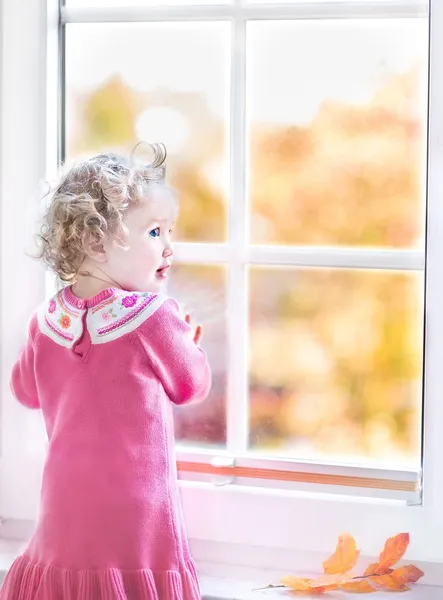 Toddler girl standing next to a window — Stock Photo, Image