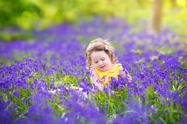 Bluebell çiçekler ilkbaharda şirin bebek kız — Stok fotoğraf