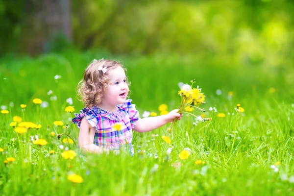 Dandelions ile oynarken sevimli kız — Stok fotoğraf