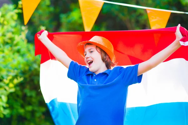 Dutch football fan, little boy cheering — Stock Photo, Image