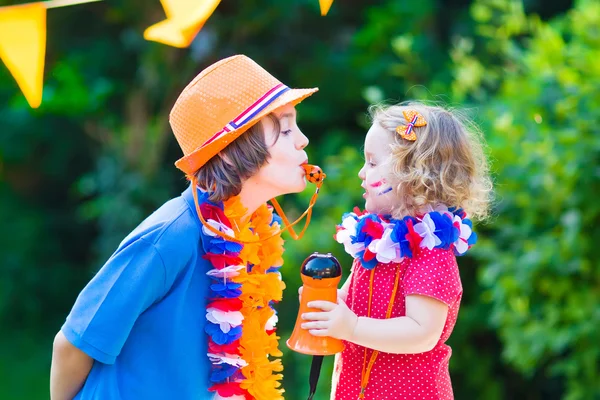 Two kids Dutch football supporters — Stock Photo, Image