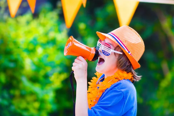 Dutch football fan, little boy cheering — Stock Photo, Image