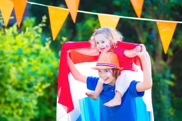 Two kids Dutch football supporters — Stock Photo, Image