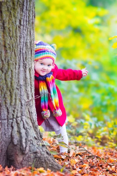 Маленькая девочка развлекается в осеннем парке — стоковое фото