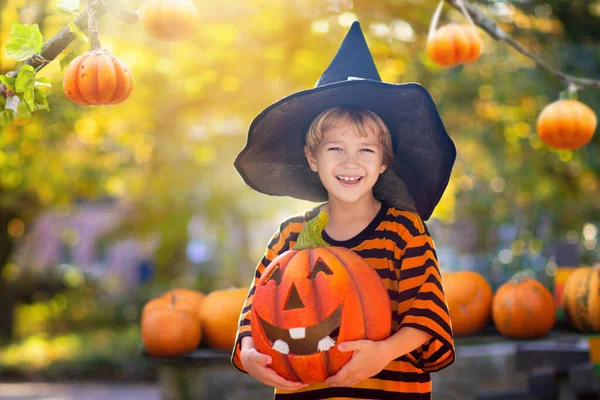 Csokit Vagy Csalunk Halloween Jelmezben Gyerekek Színes Ruhába Öltöznek Cukorkás — Stock Fotó