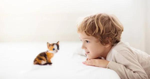 Barnet Leker Med Katten Liten Pojke Som Tittar Nyfödd Kattunge — Stockfoto